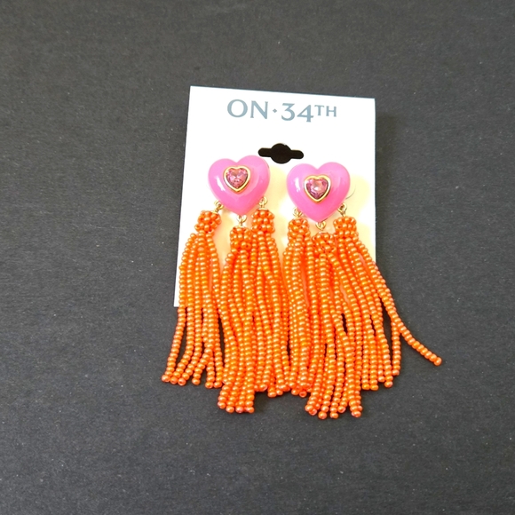 On 34th Gold Tone Crystal Heart And Beaded Fringe Drop Earrings - Picture 1 of 6